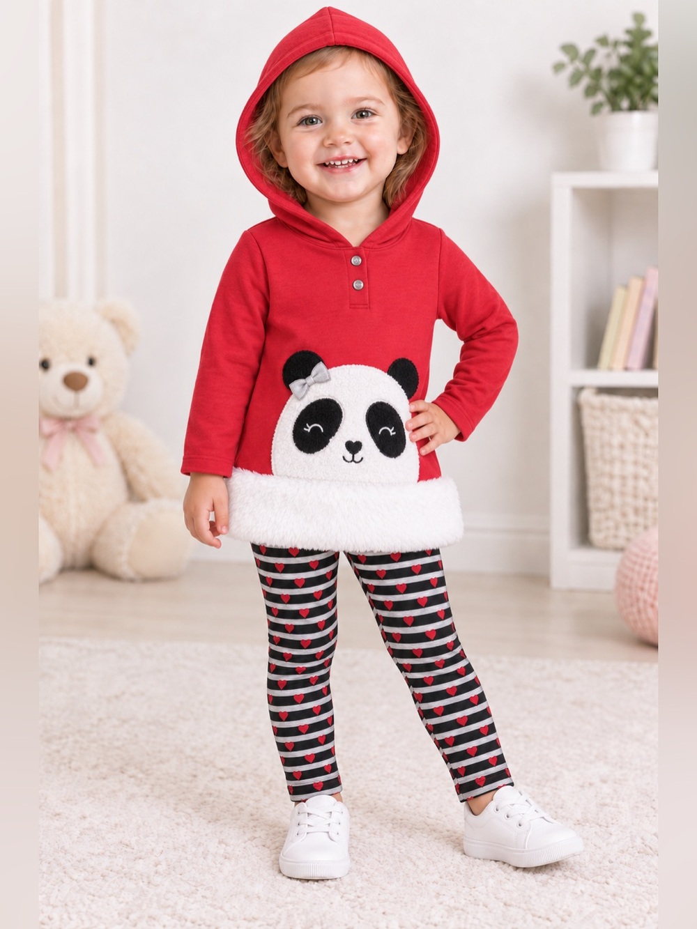 Nannette Sherpa Panda Hoodie & Red Heart Leggings